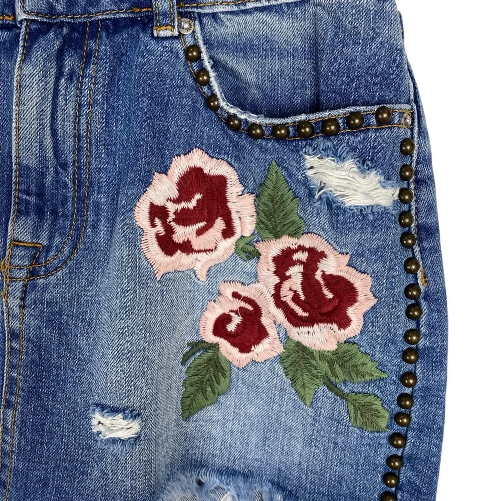 Free People Embroidered Jean Skirt Mini Blue Denim Size 25 - Picture 4 of 11